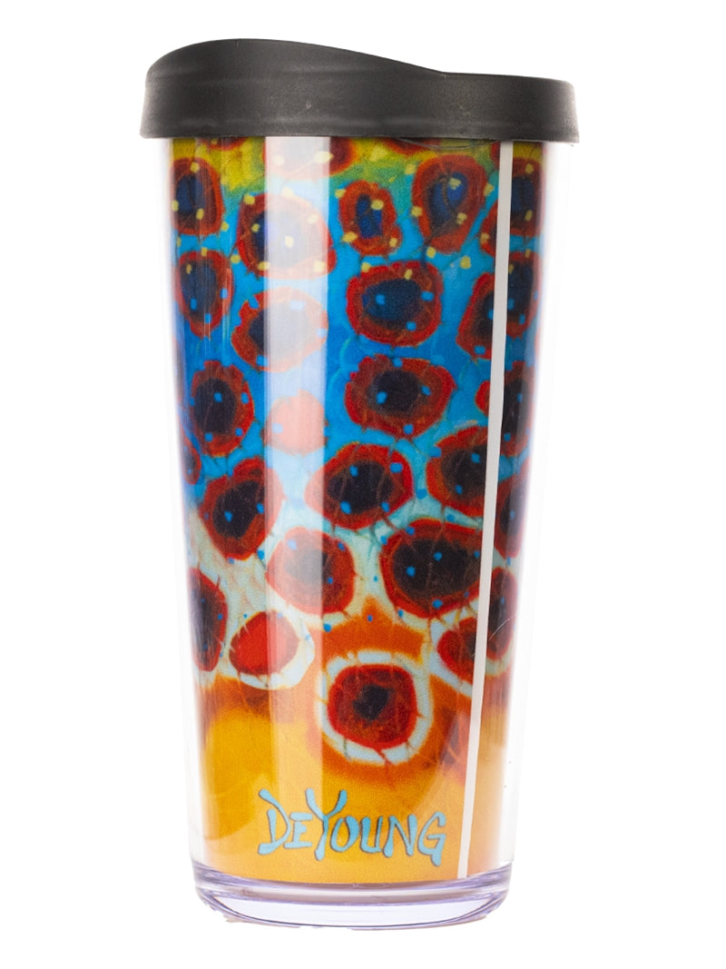 Derek DeYoung Brown Trout Flank plastic travel coffee mug with black lid on a white background