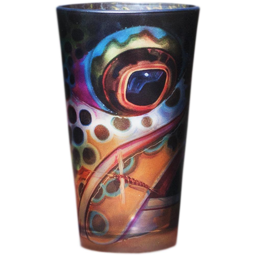 Derek DeYoung Brown Trout Face pilsner glass on a white background