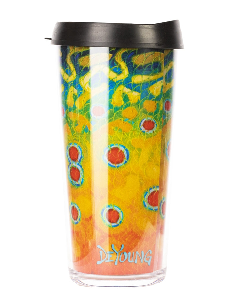 Derek DeYoung Brook Trout Flank plastic travel coffee mug with black lid on a white background