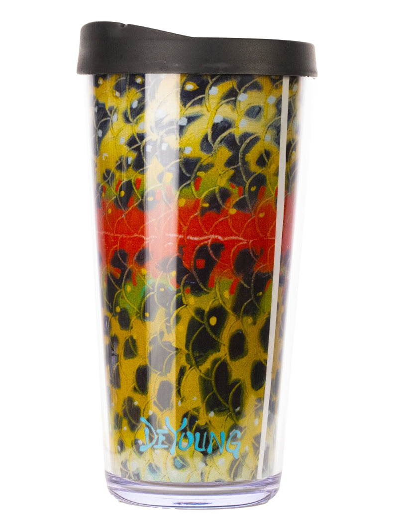 Derek DeYoung Rainbow Trout Flank plastic travel coffee mug with black lid on a white background
