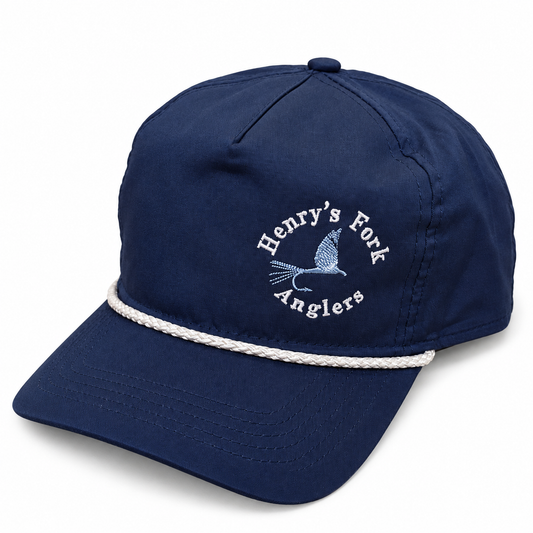 Navy Henry’s Fork Anglers Dope Rope cap with white rope and embroidered fly logo on a white background