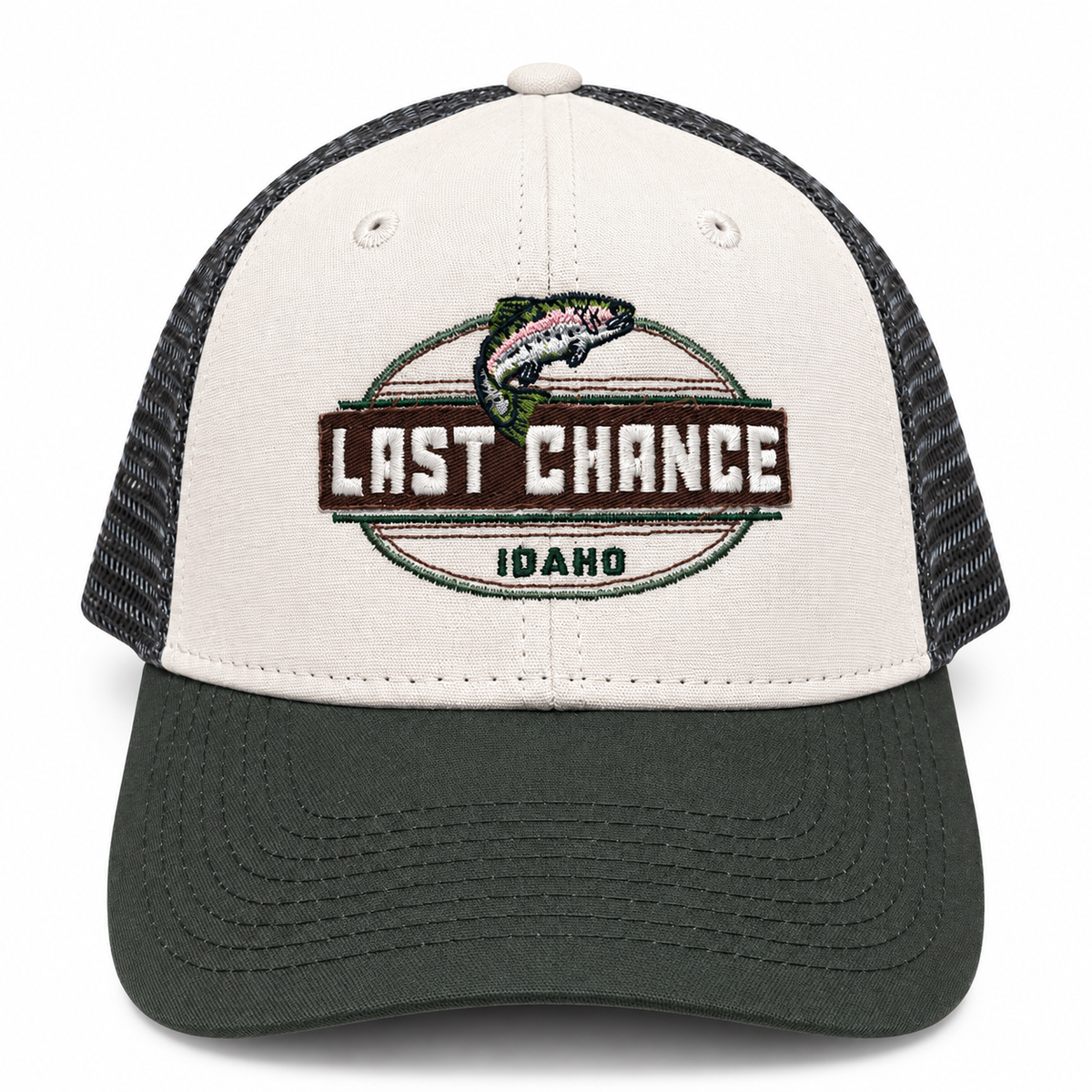 Industrial Canvas Cap in white, gray and cypress with embroidered Last Chance Idaho trout badge on a white background