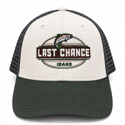 Industrial Canvas Cap in white, gray and cypress with embroidered Last Chance Idaho trout badge on a white background