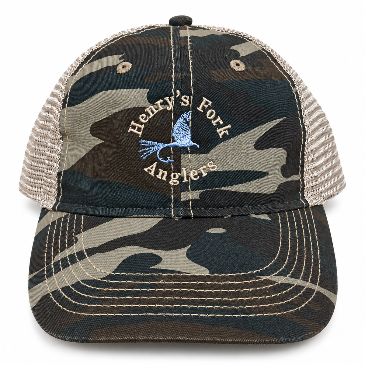 Henry’s Fork Anglers Legend Vintage Trucker Hat in camo and khaki with embroidered fly logo on a white background